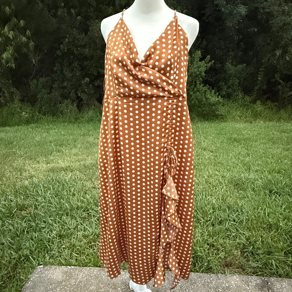 Polka Dot Ruffle Boho Coquette Cottagecore Midi Dress Women XL Mustard